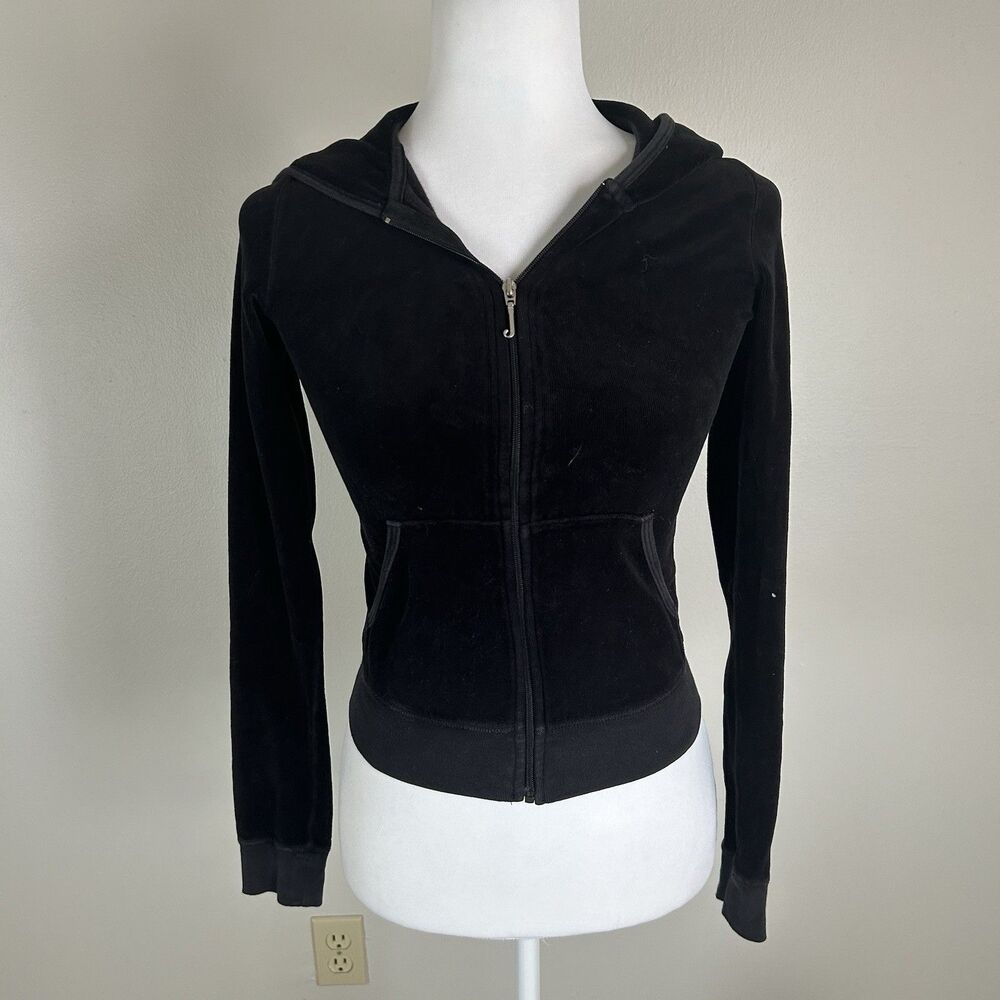 Vintage Juicy Couture Track Jacket Womens Small Black Velour Y2K Made In USA